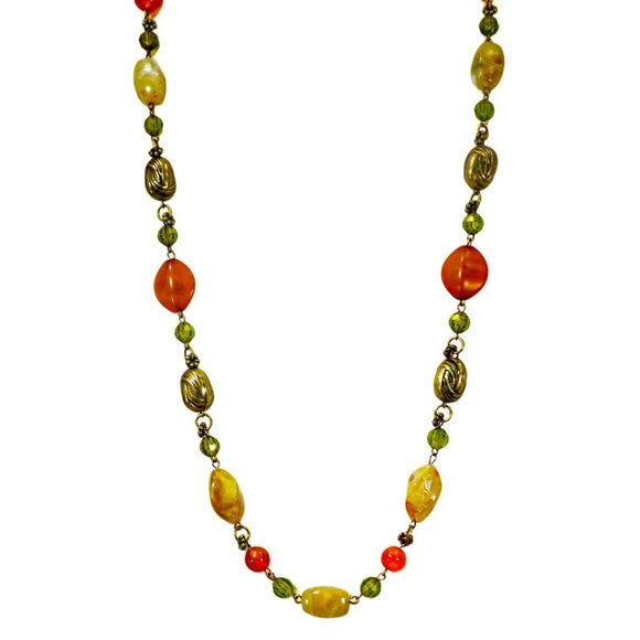 Multi color bead necklace with a mix of beige, green, and deep orange tones. - Picture 1 of 11
